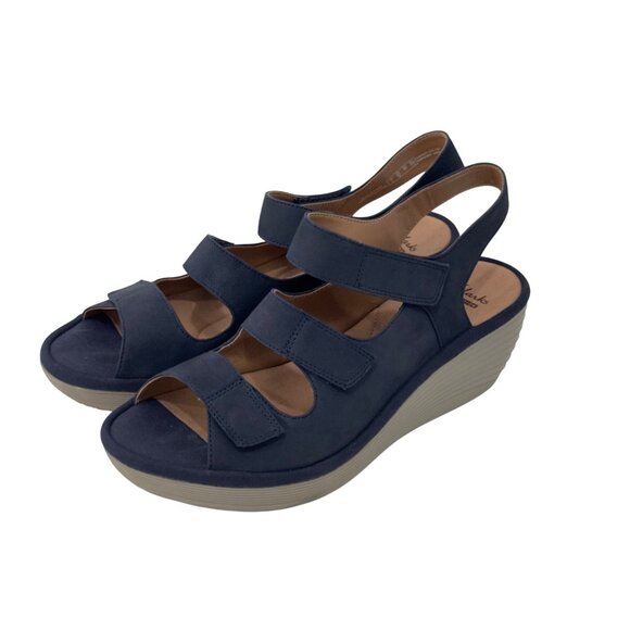 Clarks Navy Blue Nubuck Adjustable Strap Wedge Sandals Women Size 9.5M Comfort - Picture 11 of 14